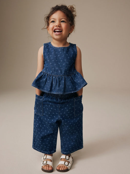 Dark Blue Floral Printed Denim Top and Trousers Set (3mths-7yrs) image 1