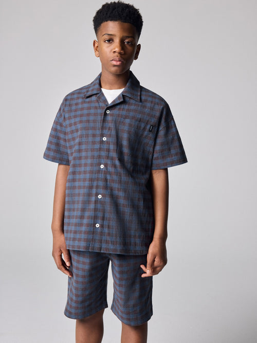 smALLSAINTS Blue/Brown Cooper Checked Short Sleeve 3 Piece Jacket Top and Short Set - image 1