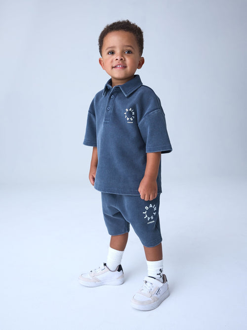 smALLSAINTS Blue Tierra Waffle Polo Shirt and Shorts Set image 1