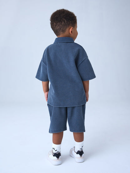 smALLSAINTS Blue Tierra Waffle Polo Shirt and Shorts Set image 3
