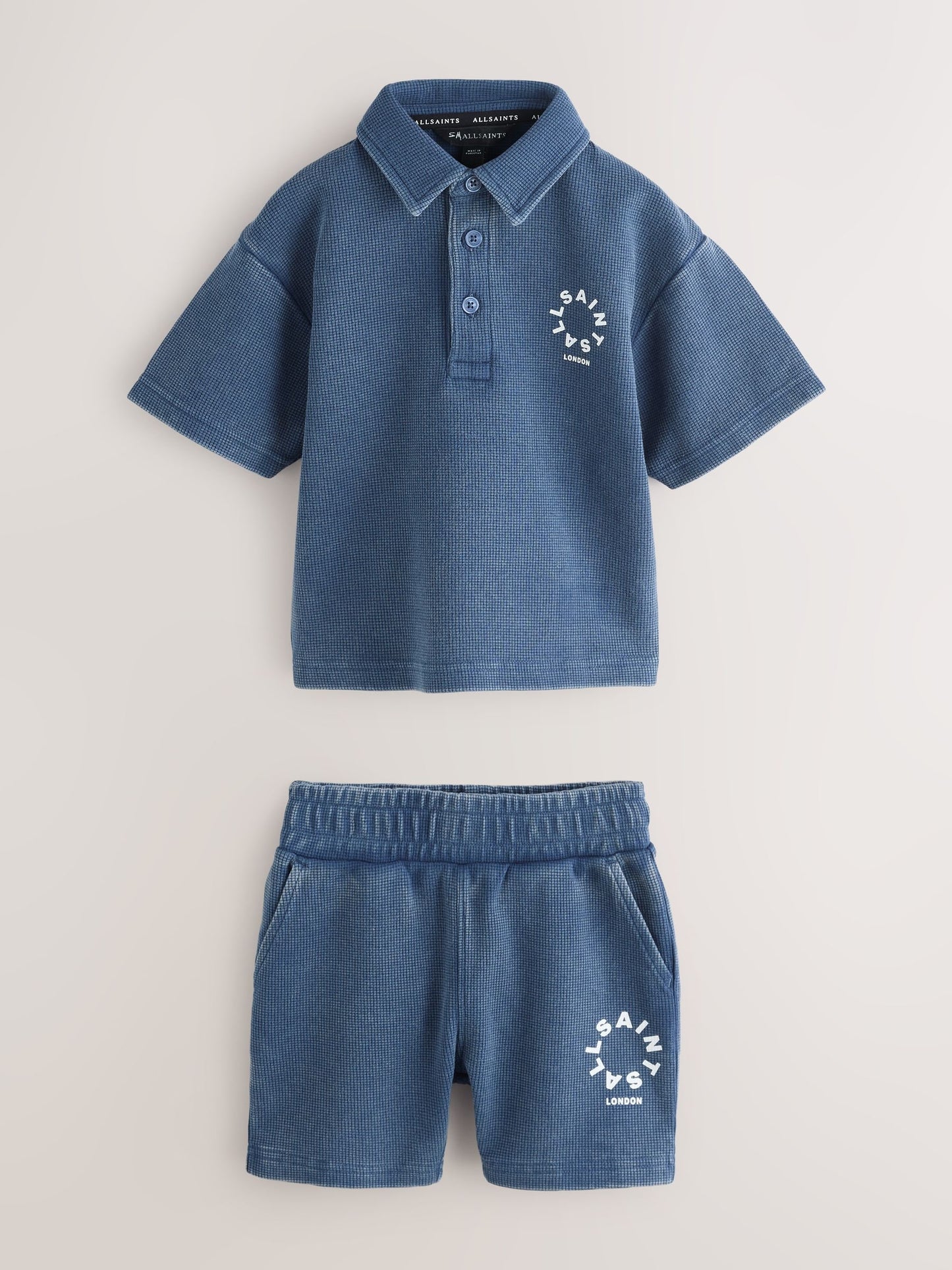 smALLSAINTS Blue Tierra Waffle Polo Shirt and Shorts Set image 6