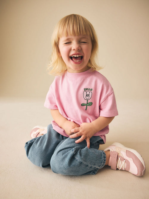 Pink Flower Short Sleeve Embroidered T-Shirt (3mths-7yrs) image 1