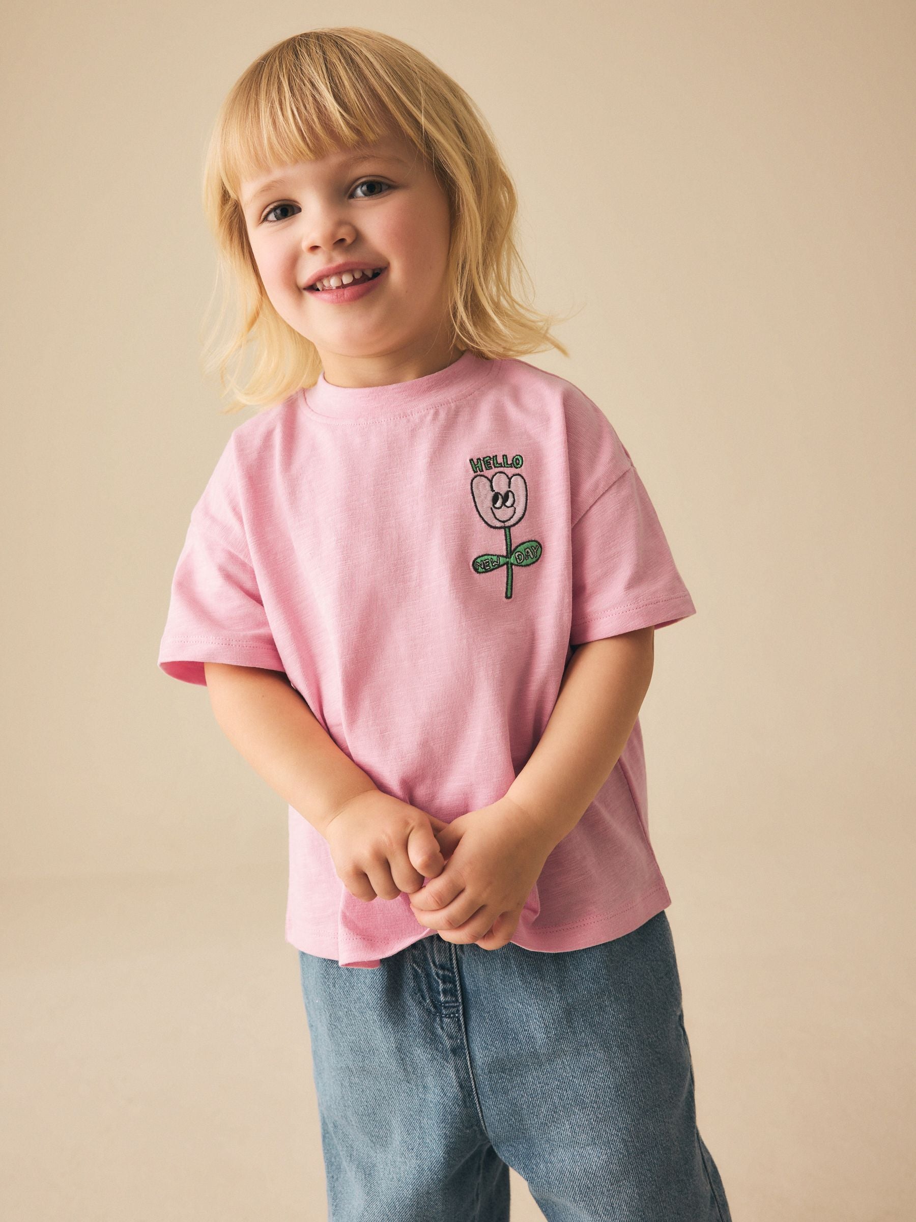 Pink Flower Short Sleeve Embroidered T-Shirt (3mths-7yrs) image 3
