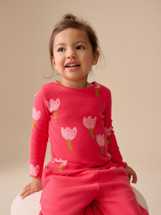 Dsiney Kidz - Pink/Red Flower Rib Long Sleeve T-Shirt (3mths-7yrs) image 1