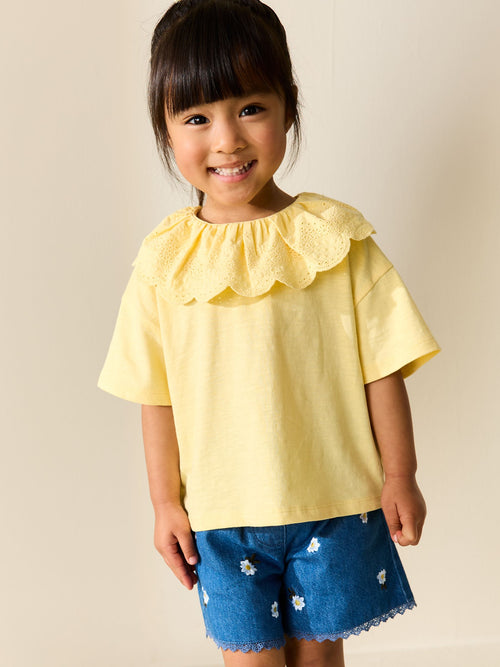 Yellow Short Sleeve Broderie Collar Top (3mths-7yrs) image 1