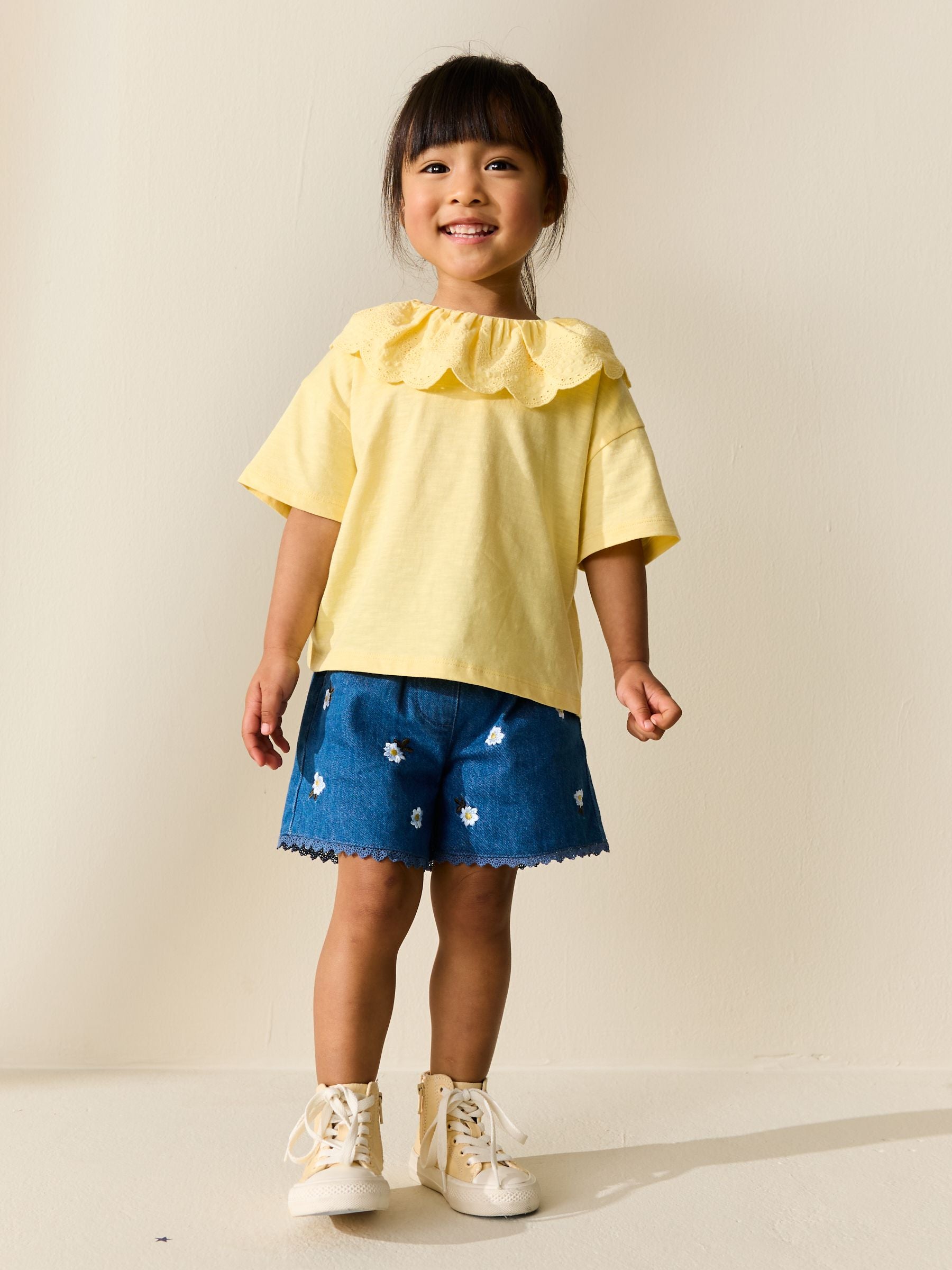 Yellow Short Sleeve Broderie Collar Top (3mths-7yrs) image 3
