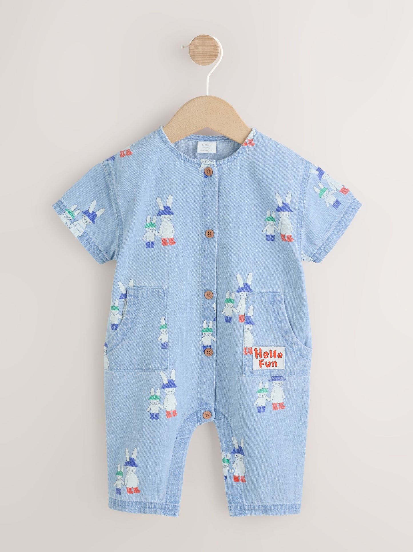 Blue Denim Rabbit Print Short Sleeve Baby Romper (0mths-3yrs) image 1