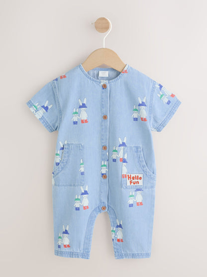 Blue Denim Rabbit Print Short Sleeve Baby Romper (0mths-3yrs) image 1