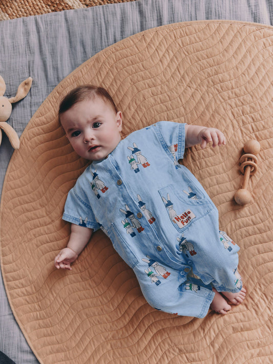 Blue Denim Rabbit Print Short Sleeve Baby Romper (0mths-3yrs) image 2