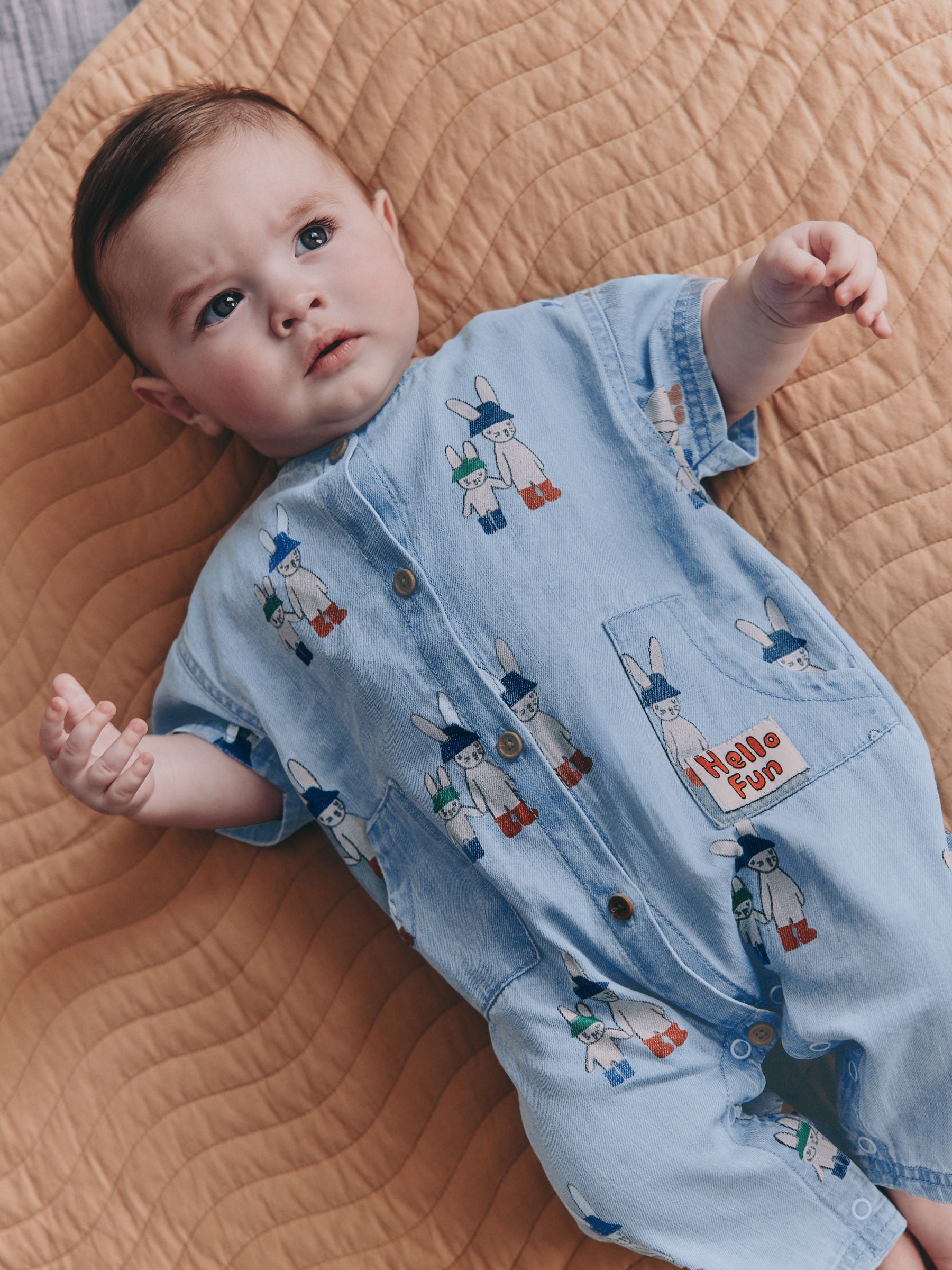 Blue Denim Rabbit Print Short Sleeve Baby Romper (0mths-3yrs) image 3