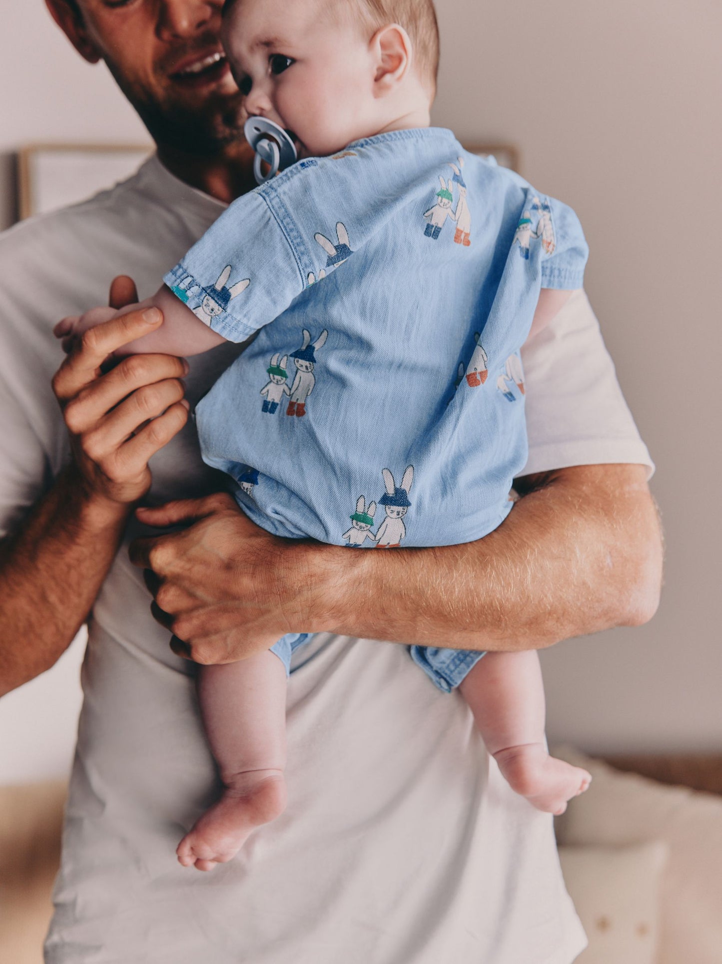 Blue Denim Rabbit Print Short Sleeve Baby Romper (0mths-3yrs) image 4