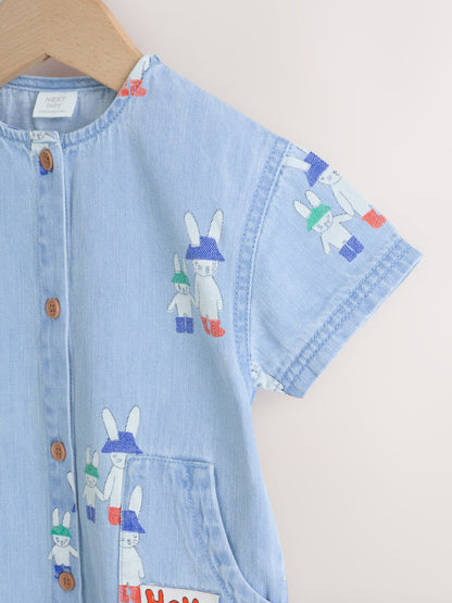 Blue Denim Rabbit Print Short Sleeve Baby Romper (0mths-3yrs) image 7
