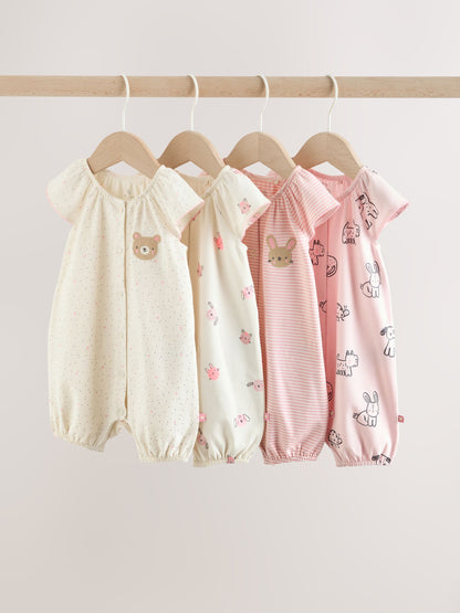 Pink Character All Over Printed Button Through Jersey Baby Rompers 4 Pack image 1