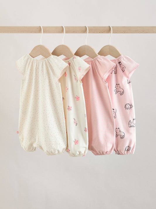 Pink Character All Over Printed Button Through Jersey Baby Rompers 4 Pack image 2