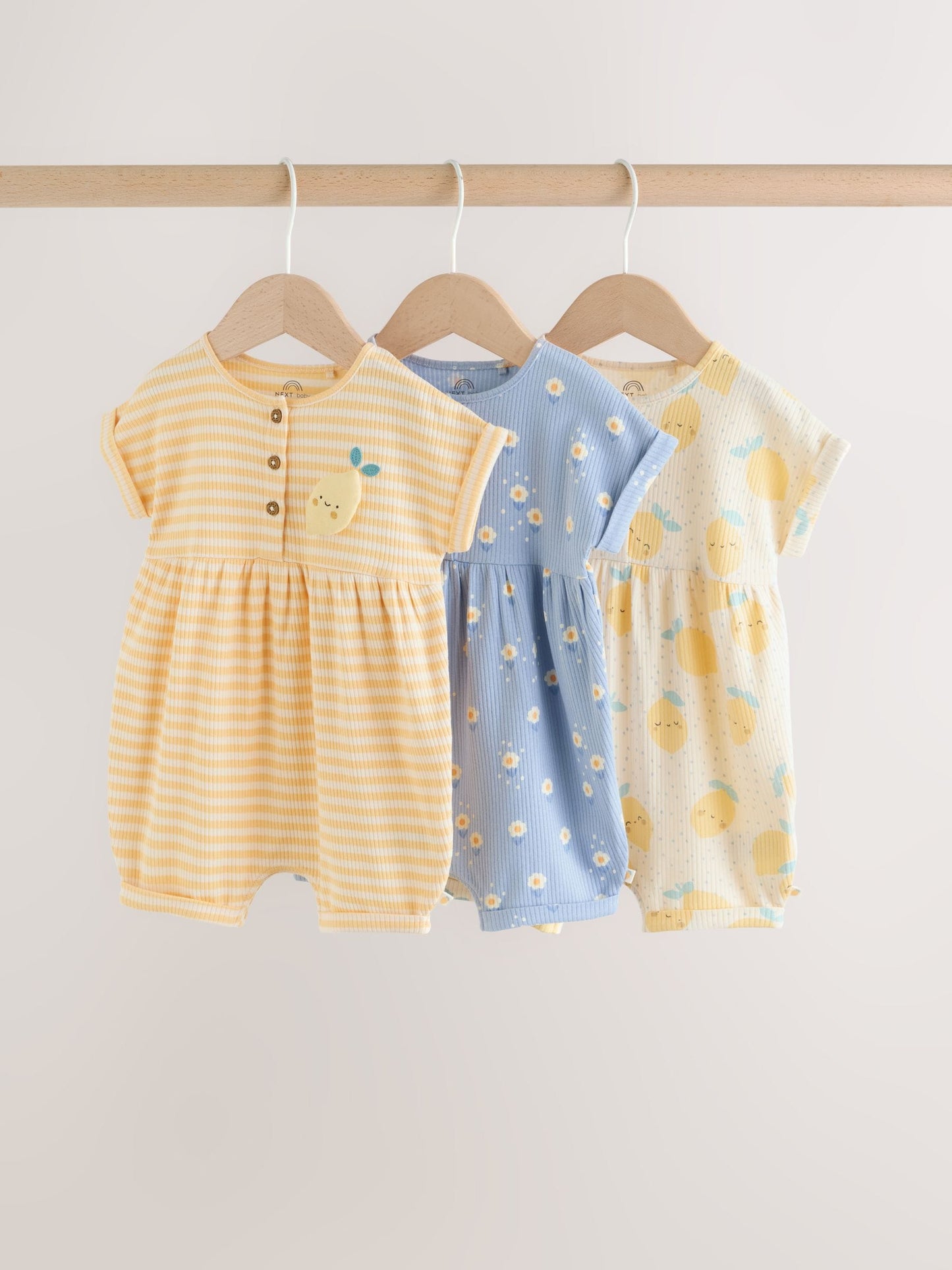 Blue and Lemon Printed Button T Shirt Jersey 3 Pack Baby Rompers image 1