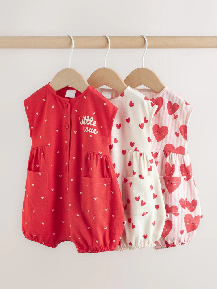 Red Heart Printed Button Through 3 Pack Baby Rompers