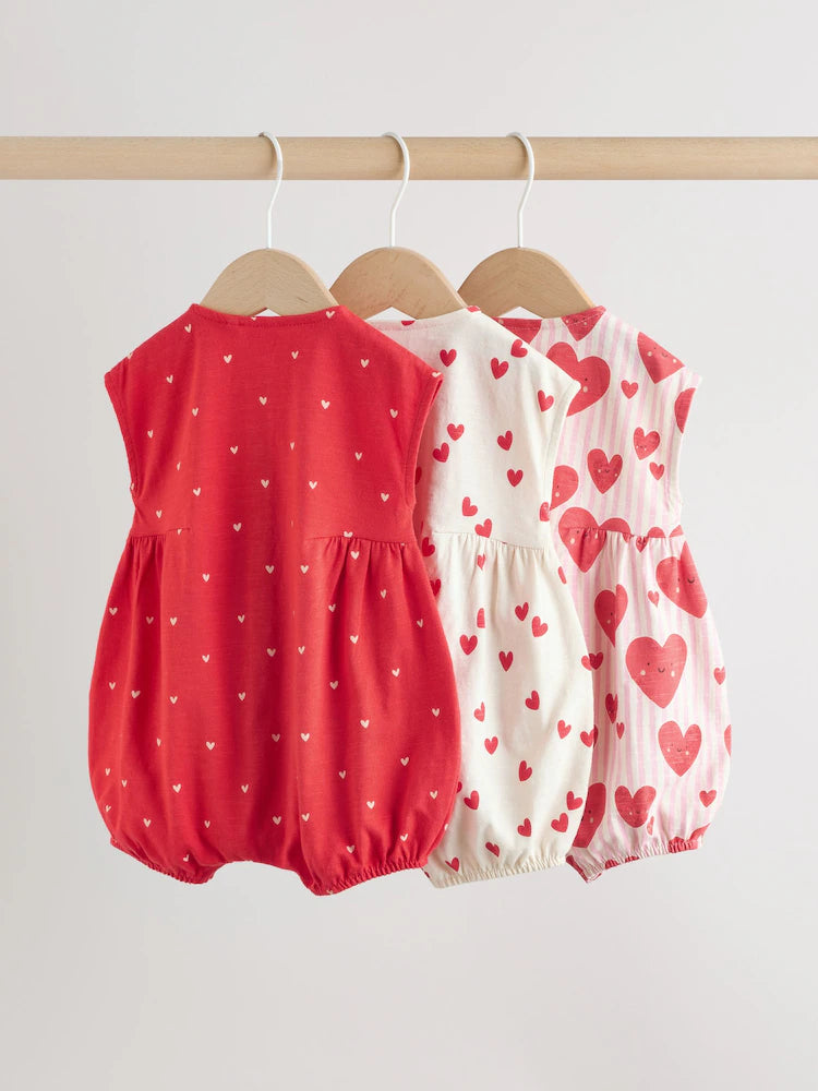 Red Heart Printed Button Through 3 Pack Baby Rompers