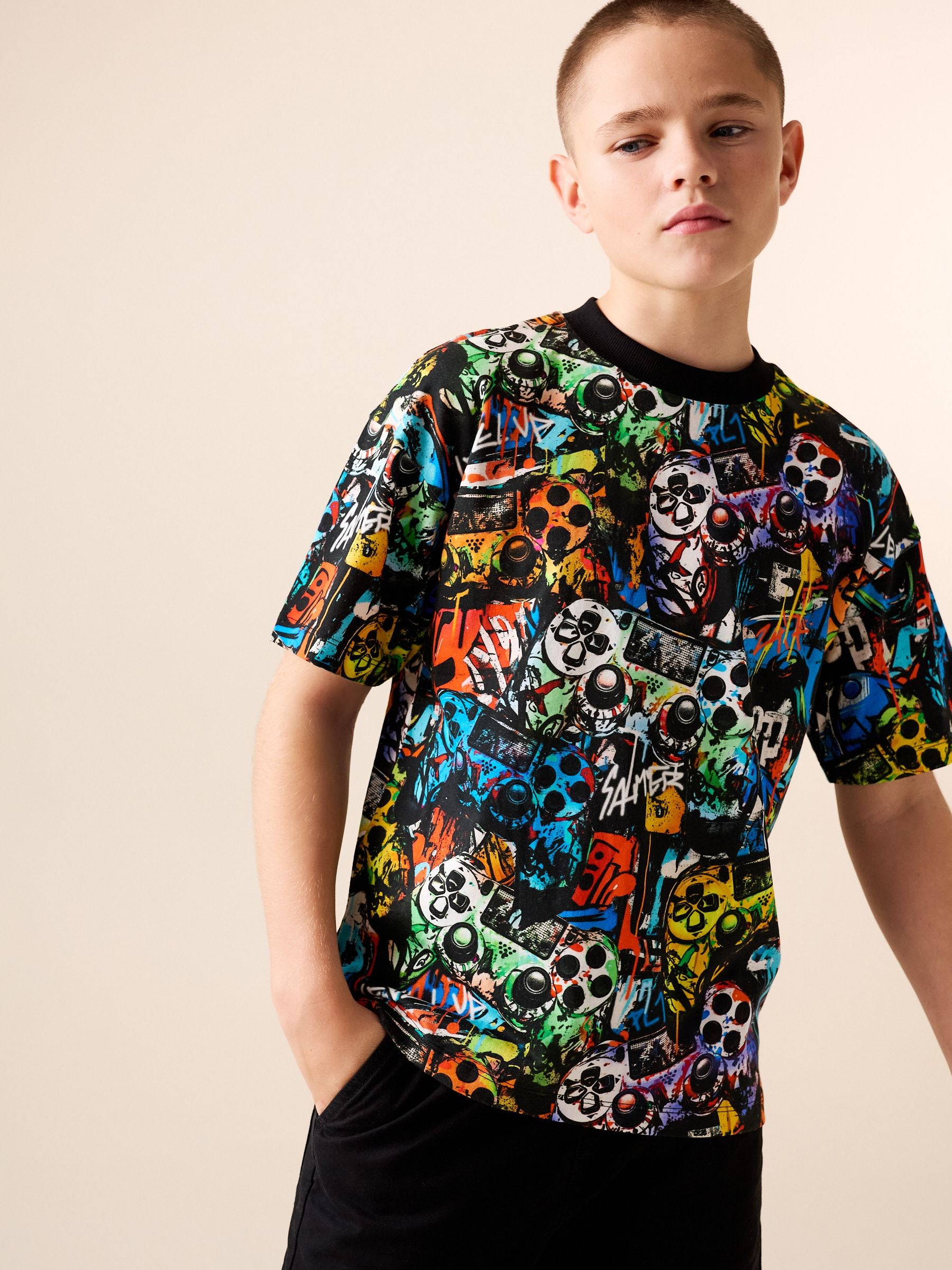 Dsiney Kidz - Black Graffiti Controller Relaxed Fit Short Sleeve All-Over Print T-Shirt (3-16yrs) image 1