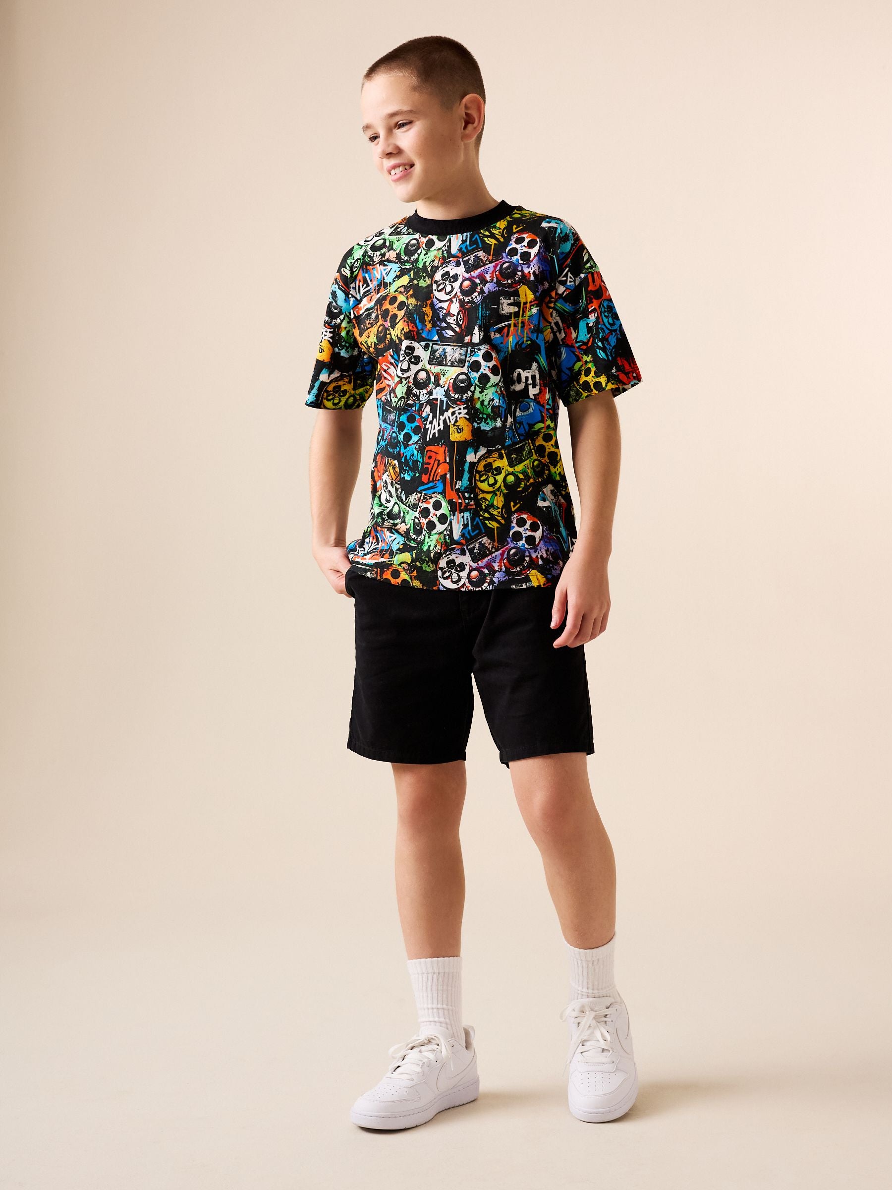 Dsiney Kidz - Black Graffiti Controller Relaxed Fit Short Sleeve All-Over Print T-Shirt (3-16yrs) image 2