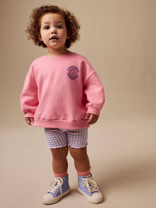 Pink Check Crew Neck Sweatshirt & Shorts Set (3mths-7yrs) image 1