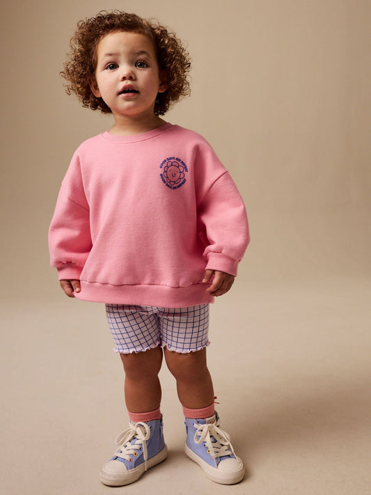 Pink Check Crew Neck Sweatshirt & Shorts Set (3mths-7yrs) image 1