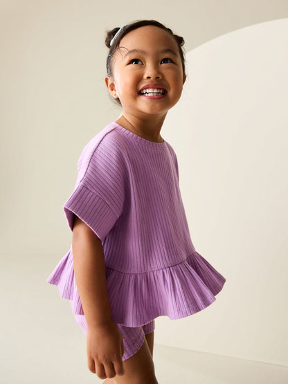 Lilac Purple Short Sleeve Ribbed Top and Shorts Set (3mths-7yrs) image 3
