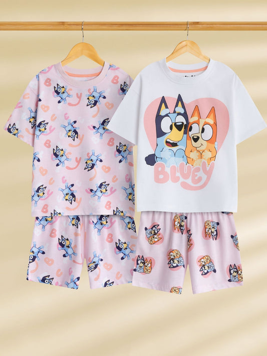 Vanilla Underground Pink Bluey Girls Multicoloured Multi Character Multi-Pack of 2 Short Sleeve Short Leg Pyjama Set image 1