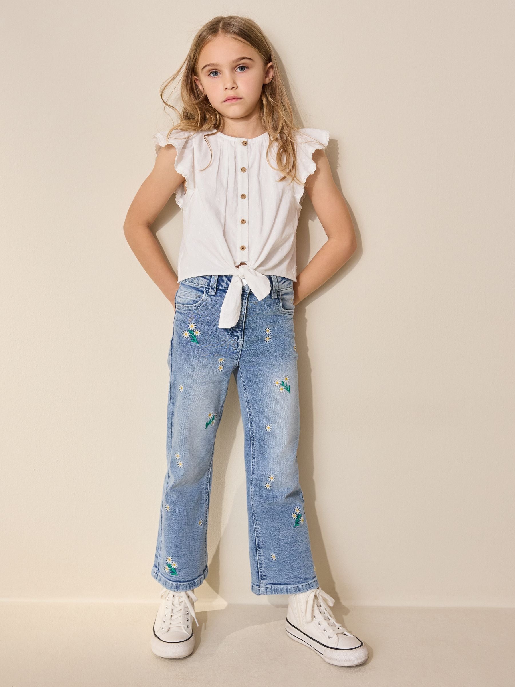 Dsiney Kidz - Mid Wash Floral Embroidered Flare Jeans (3-16yrs) image 2