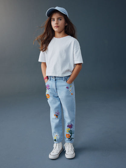 Dsiney Kidz - Light Blue Floral Embroidered Jeans (3-16yrs) image 2
