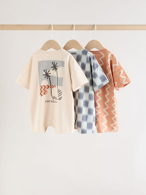 Neutral Sunbaked Printed Button Through Jersey Baby Rompers 3 Pack image 1