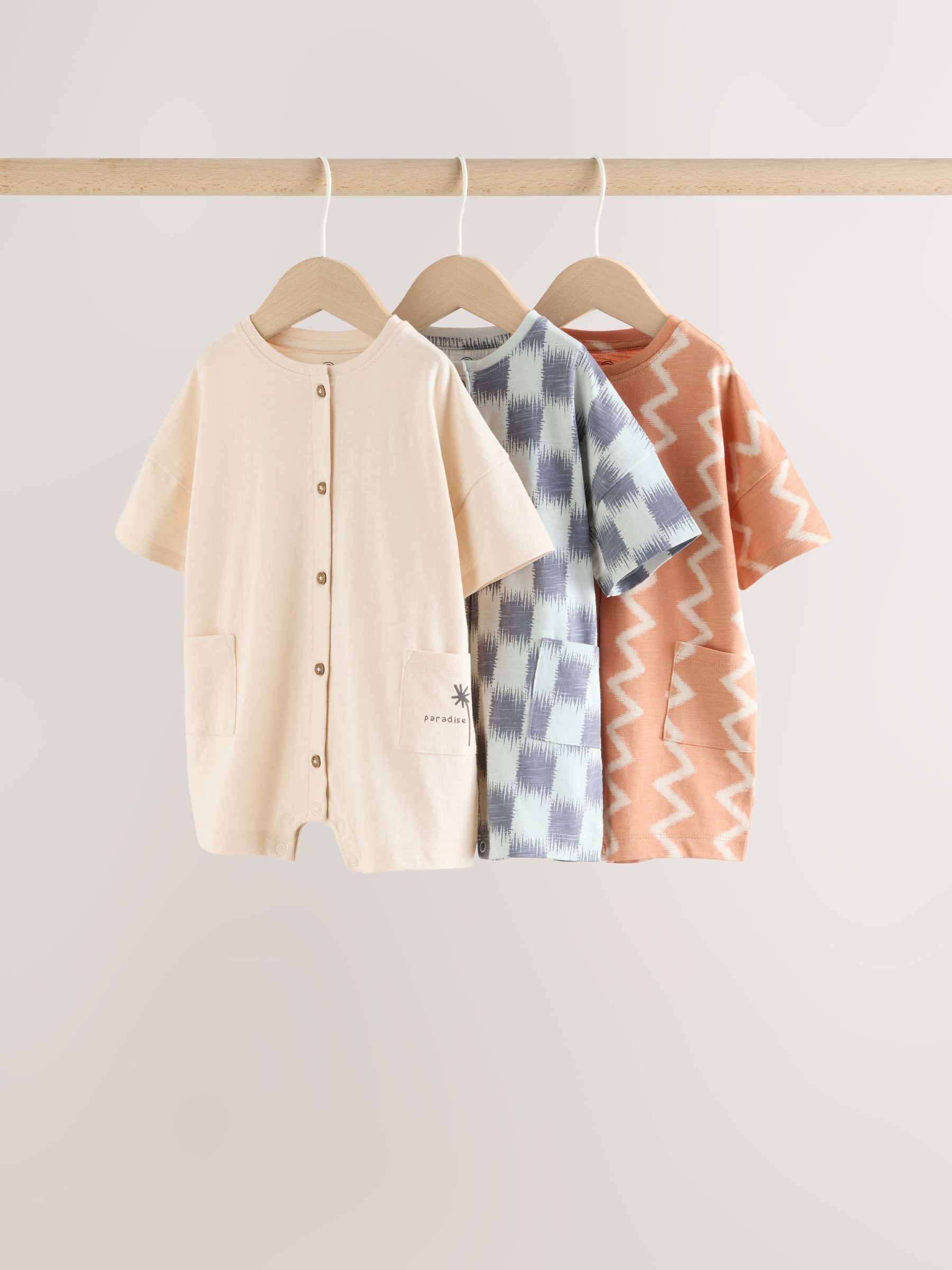 Neutral Sunbaked Printed Button Through Jersey Baby Rompers 3 Pack image 2