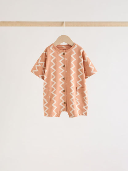 Neutral Sunbaked Printed Button Through Jersey Baby Rompers 3 Pack image 4