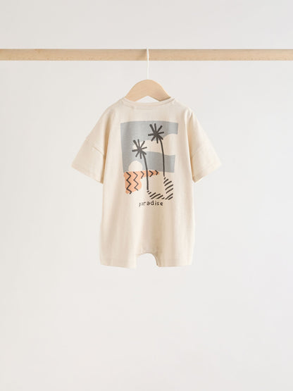 Neutral Sunbaked Printed Button Through Jersey Baby Rompers 3 Pack image 6