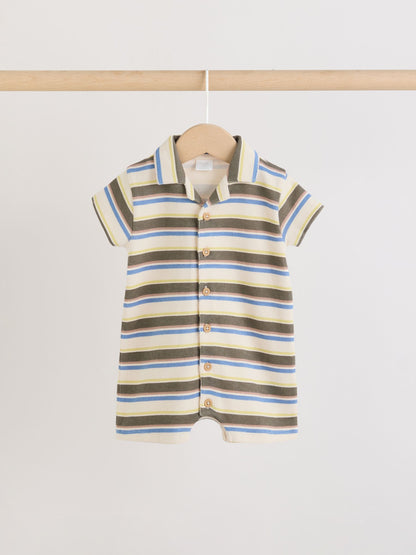 Khaki Green/Blue/Cream Stripe Jersey Collared Rompers Baby 2 Pack image 3