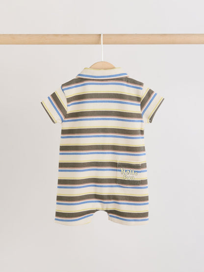 Khaki Green/Blue/Cream Stripe Jersey Collared Rompers Baby 2 Pack image 4