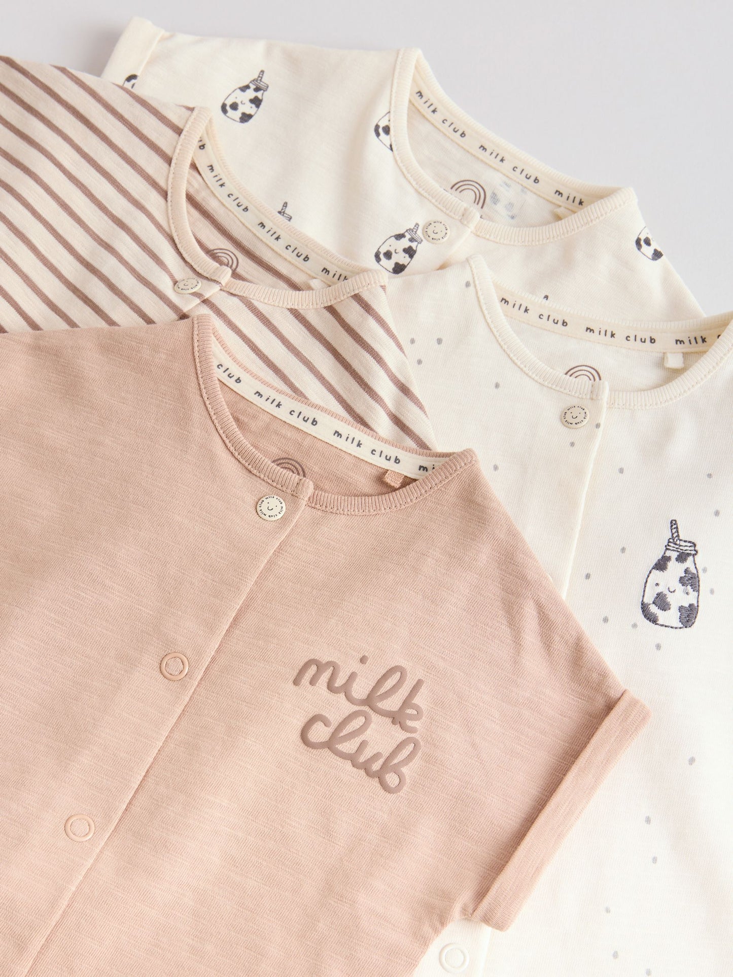 Neutral "Milk Club" Embroidered Baby Jersey Rompers 4 Pack image 9