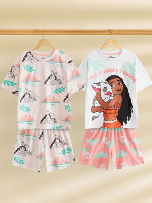 Vanilla Underground Pink Girls 100% Cotton Disney Moana Multicoloured Short Sleeve Short Leg Pyjamas Set Multi Pack of 2 - image 1