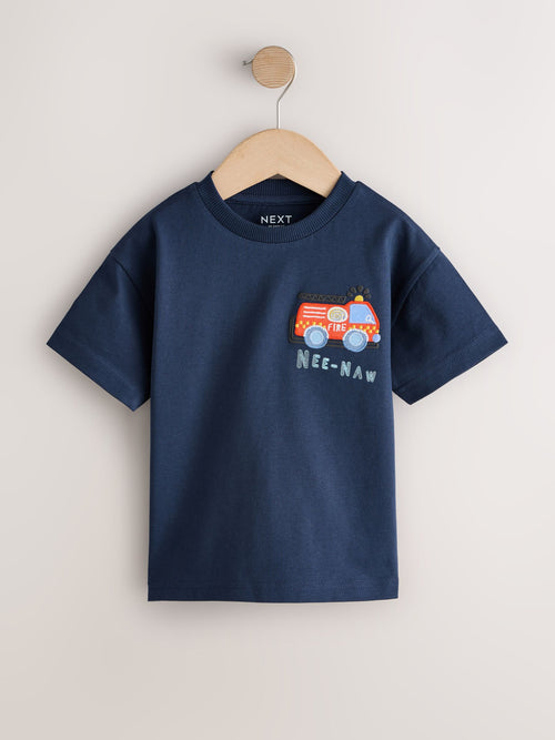 Navy Blue Fire Engine Short Sleeve Appliqué T-Shirt (3mths-7yrs) image 1