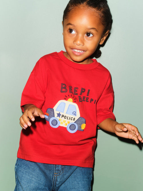 Red Police Car Short Sleeve Appliqué T-Shirt (3mths-7yrs) image 1
