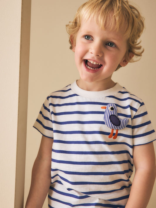 White/Blue Stripe Seagull Short Sleeve 3D Padded T-Shirt (3mths-7yrs) image 1