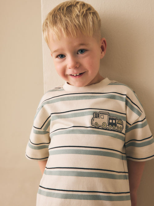 Blue/Ecru Train Short Sleeve Stripe T-Shirt (3mths-7yrs) (3mths-7yrs) image 1