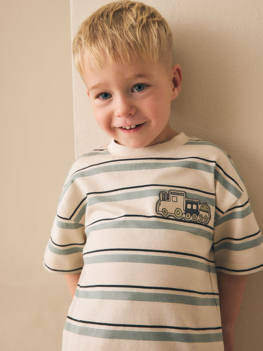 Blue/Ecru Train Short Sleeve Stripe T-Shirt (3mths-7yrs) (3mths-7yrs) image 1
