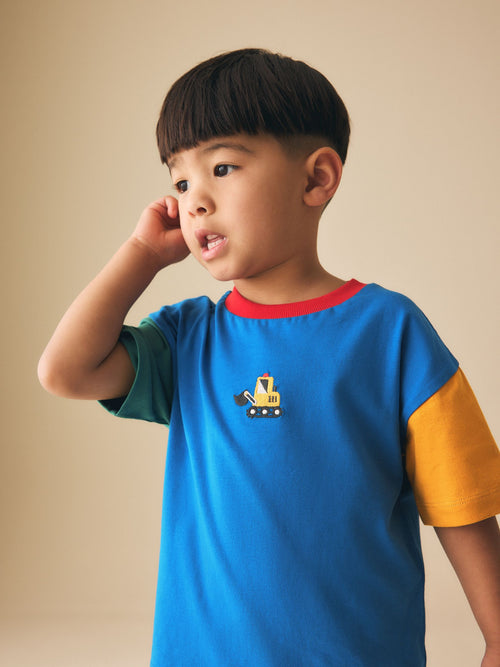 Blue/Green/Yellow Digger Short Sleeve Colourblock T-Shirt (3mths-7yrs) (3mths-7yrs) image 1