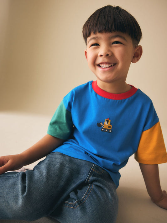 Blue/Green/Yellow Digger Short Sleeve Colourblock T-Shirt (3mths-7yrs) (3mths-7yrs) image 2