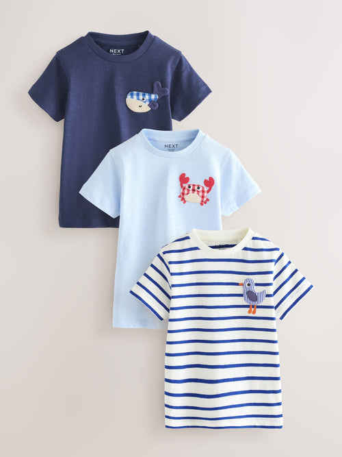 Navy Sea Animal Short Sleeve Appliqué T-Shirts 3 Pack (3mths-7yrs) image 1
