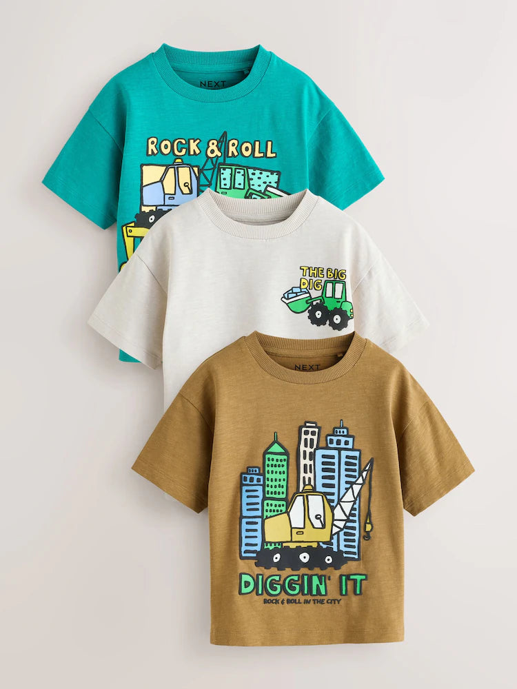 Teal Blue Digger Short Sleeve Graphic T-Shirts 3 Pack (3mths-7yrs)