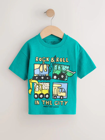 Teal Blue Digger Short Sleeve Graphic T-Shirts 3 Pack (3mths-7yrs)