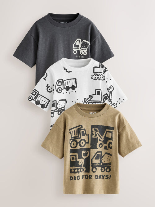 Black Digger Short Sleeve Graphic T-Shirts 3 Pack (3mths-7yrs) image 1