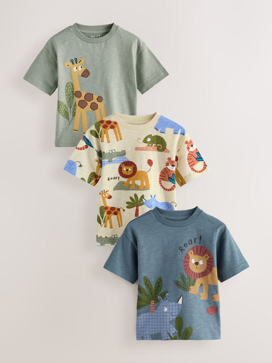 Green Safari Animals Short Sleeve Appliqué T-Shirts 3 Pack (3mths-7yrs) image 1