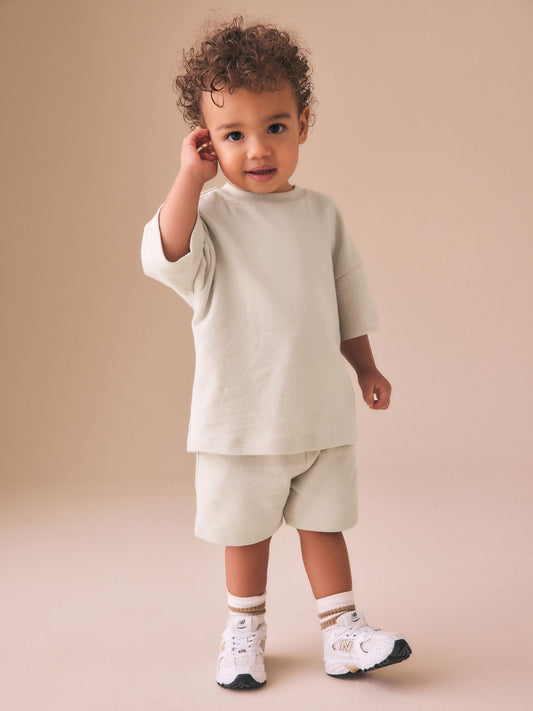 Ecru Textured Short Sleeve T-Shirt and Shorts Set (3mths-7yrs) image 1